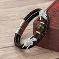 Detail of dragon head charms, natural tiger eye stone and leather double-layer woven bracelet - Silver Blue Tiger Eye (Silver-B)