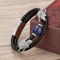 Detail of double-layer black leather bracelet with silver dragon heads and lapis bead - Silver-Lapis Lazuli (Silver-C)