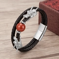 Dual-layer black braided leather bracelet with silver dragon heads and a red center bead - Silver-Red Agate (Silver-D)
