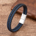 Macro shot of blue and black braided leather bracelet with brushed metal magnetic clasp - Blue and Black Woven (Silver Buckle)