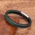 Close-up of black braided leather bracelet with green stitching and silver magnetic clasp - Green and Black Woven (Silver Buckle)