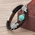 Detailed close-up of double-layer black leather bracelet with silver dragon heads and turquoise - Silver-Turquoise (Silver-F)