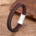 Detail of red and black braided leather bracelet with polished silver magnetic clasp - Red and Black Woven (Silver Buckle)
