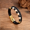 Men's leather bracelet with white pearls, black lava stone and gold magnetic clasp - Artificial Pearl Combination Braided Leather Bracelet (Style F)