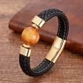 Close-up of black braided leather bracelet with wooden bead and gold magnetic clasp - Wood Round Bead Style (Style-2)
