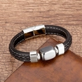 Dettaglio del bracciale in pelle intrecciata nera da uomo con chiusura magnetica in argento - Stile Ematite Argentata (Silver-5)