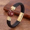 Close-up of braided leather bracelet with mahogany bead and golden magnetic clasp - Reddish Brown Wood Bead Style (Style-3)