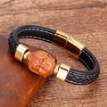 Detail of Buddha head charm and woven black leather cord with golden magnetic clasp - Buddha Head Carving Style (Style-4)