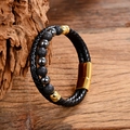 Detail of men's double-layer leather rope bracelet with lava stones and gold magnetic clasp - Hematite Texture Round Bead Woven Leather Bracelet (Style-I)