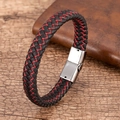 Braided leather bracelet for men with red and black cords and a silver magnetic clasp - Red and Black Woven (Black Buckle)