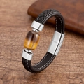 Dettaglio di un bracciale da uomo in pelle intrecciata con pietra naturale occhio di tigre - Stile Occhio di Tigre Argentato (Silver-8)