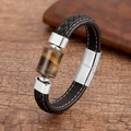 Bracciale in pelle intrecciata con pietra occhio di tigre e chiusura in metallo - Stile Colonna Occhio di Tigre Argentato (Silver-9)