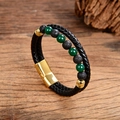 Detail view of men's double-layer leather and green agate stone bracelet on wood - Green Agate-Look Round Beads Woven Leather Bracelet (Style K)