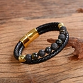 Close-up of double-layer leather bracelet with tiger eye stones and magnetic clasp - Blue Tiger's Eye Effect Round Bead Braided Leather Bracelet (Style L)
