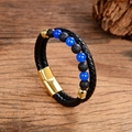 Detail of men's leather bracelet showing blue beads, volcanic stone and gold magnetic clasp - Blue Agate-Look Round Bead Braided Leather Bracelet (Style M)