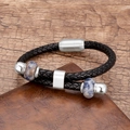 Detail van heren gevlochten zwart leren armband met blauwe steenkralen en magneetsluiting - Zilver Zwart Leer Spiegel Sluiting Blauwe Gestippelde Kraal (Silver-8)