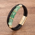 Detail of black braided leather bracelet with green jade stones and gold magnetic clasp - Gold Buckle Green Stone (A)