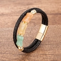 Double-wrap braided leather bracelet with multi-colored stones and gold magnetic clasp - Gold Buckle Mixed Colors Stone (B)