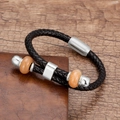 Detail van handgevlochten zwarte leren armband met kralen en roestvrijstalen magneetsluiting - Zilver Zwart Leer Spiegel Sluiting Oranje Steen Kraal (Silver-11)
