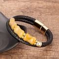 Detail of woven black leather bracelet with yellow stones and gold magnetic clasp - Gold Buckle Yellow Stone (D)