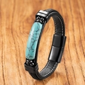 Men's leather bracelet featuring turquoise stone inlay and black braided cord detail - Turquoise Color