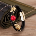 Men's double-layered black leather bracelet with golden dragon charms and red bead - Gold with Red Beads