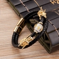 Double-layer braided leather bracelet with golden dragon heads and mantra glass bead - Gold Transparent Mantra Bead