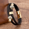 Geflochtenes Herrenarmband aus schwarzem Leder mit Goldmagnetverschluss und grauen Steinen - Gold Mit Grauem Stein (Gold-1)