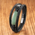 Bracelet multicouche pour hommes en cuir noir avec pierre verte et fermoir magnétique - Jade aventurine