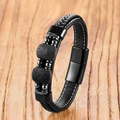 Bracelet pour homme en cuir tressé noir avec perles de lave et fermoir magnétique - Pierre de Lave Noire
