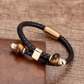 Handgemaakte zwart gevlochten lederen armband met tijgeroog en gouden magneetsluiting - Goud Zwart Leer Matte Sluiting Natuurlijk Tijgeroog (Gold-10)