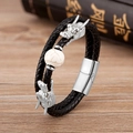 Pulsera para hombre de cuero negro de doble capa con cabezas de dragón y cuenta mármol - Cuenta de Mármol Blanco Plateada