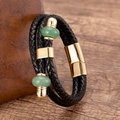 Bracciale multistrato in pelle intrecciata nera con perle verdi e chiusura magnetica d'oro - Oro Con Giada Verde (Gold-5)