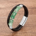 Bracelet pour homme en cuir tressé noir avec perles vertes et fermoir magnétique poli - Boucle Argentée Pierre Verte (A)