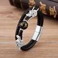 Men's double-layered black woven leather bracelet with silver dragon heads and magnetic clasp - Gold Black Mantra Bead