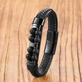 Schwarzes Lederarmband für Herren mit Lavasteinen und weißen Ziernähten geflochten - Lavastein