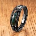 Bracelet multicouche en cuir noir pour homme avec pierre oeil de tigre verte et fermoir - Agate-C