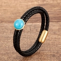 Dettaglio del bracciale in pelle intrecciata nera a due strati con turchese e chiusura magnetica - Stile Turchese (Stile-6)