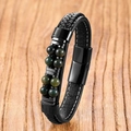 Vintage geflochtenes schwarzes Lederarmband mit dunkelgrünen Tigerauge-Steinen und Metall - Indischer Achat-b