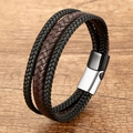 Close-up of multi-layer braided leather bracelet with two-tone magnetic steel clasp - Black Brown Contrast Braided Cord With Silver Black Clasp