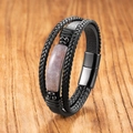Bracelet multicouche en cuir noir pour homme avec pierre oeil de tigre et fermoir - Agate-D
