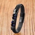 Herren Lederarmband geflochten mit marineblauen Tigerauge Perlen und schwarzer Magnetschließe - Blaues Tigerauge