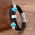 Bracciale multistrato in pelle intrecciata nera con pietre turchesi e chiusura magnetica - Argento Con Pietra Stile Turchese (Silver-3)