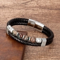 Bracelet pour hommes en cuir noir tressé double couche avec perles en pierre et fermoir aimanté - Fermoir Argenté-Agate Mousse