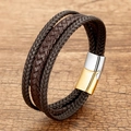 Detail of multi-layer braided leather bracelet with two-tone magnetic metal clasp - Dark Brown Braided Cord With Gold Silver Clasp