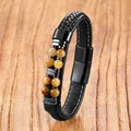 Vintage geflochtenes Lederarmband mit Tigerauge-Steinen und Magnetverschluss - Goldenes Tigerauge