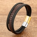 Multilayer braided leather bracelet for men with magnetic stainless steel clasp on wood - Black Brown Contrast Braided Cord With Gold Silver Clasp