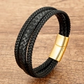 Detail of multi-layer black braided leather bracelet with gold magnetic metal clasp - Black Multilayer Braided Cord With Solid Gold Clasp