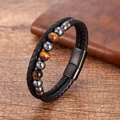 Herren Armband aus geflochtenem Leder mit Hämatit-Perlen und Magnetverschluss - Gelbbrauner Tigerauge-Stil (Stil-3)
