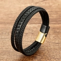 Men's multilayer black braided leather bracelet with gold magnetic clasp on wood - Black Braided Cord With Gold Black Clasp